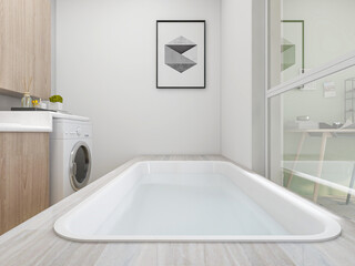 The modern and tidy bathroom has a bathtub and a washstand. Very neat