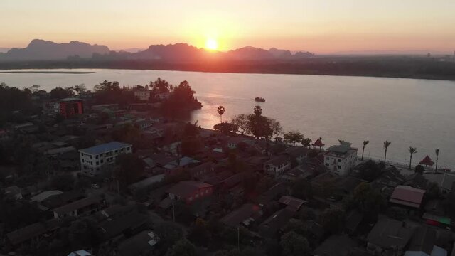 Aerial Sunset View of Thanlyin River in Hpa-An, Myanmar Burma