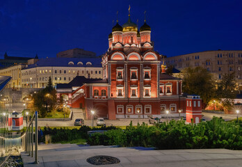 Moscow. October 10, 2020. Night view of the Cathedral of the Icon of the Mother of God "The Sign". Znamensky Monastery in Zaryadye Park