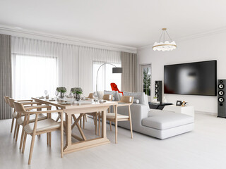 The dining room of modern design has wooden table and so on