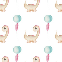 Watercolor seamless pattern with cute dinosaur and balloon on the light background. Funny kids illustration. Ideal for children's textile, wrapping, and other designs.