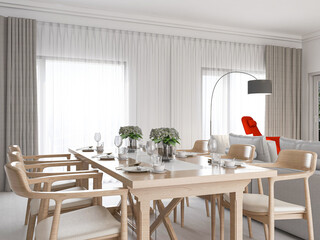 The dining room of modern design has wooden table and so on