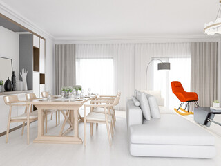 The dining room of modern design has wooden table and so on