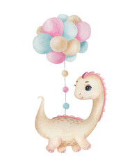 Cute little dinosaur with balloons on the light background. Watercolor cartoon kids illustration. Ideal for invitation, poster, home decor, packaging design, print.