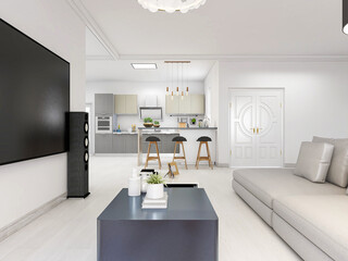 The modern and tidy living room has sofa, living room and other decorations
