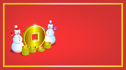 A poster dedicated to winter holidays. Funny two snowmen with a large Asian gold 3d token with a square hole. Stacks of golden coins with shadows on a red background in a frame. EPS10