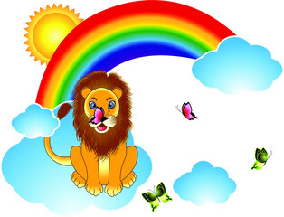 Cartoon lion with butterflies on rainbow clouds.