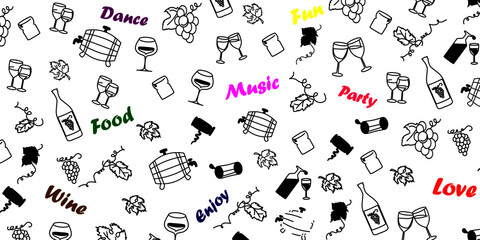 Party doodle background vector pattern with bottles of alcohol and wine glasses, wine barrels, grapes, wine leaves and handwritten love, dance, music, enjoy and fun words. Winery vector illustration