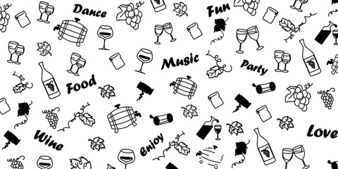 Party doodle background vector pattern with bottles of alcohol and wine glasses, wine barrels, grapes, wine leaves and handwritten love, dance, music, enjoy and fun words. Winery vector illustration 
