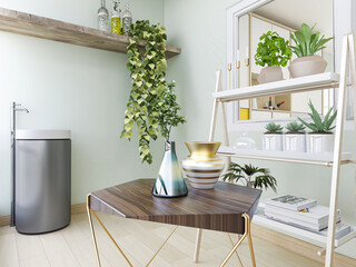 Clean and tidy balcony, there are tables, chairs, green plants and so on, very comfortable