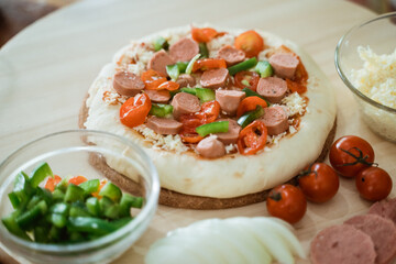 the cripy thin pizza homemade served on the table