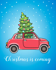 Christmas greeting card with funny red car carring christmas tree inside and snowflakes falling down