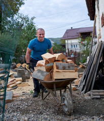 Farmer carrying firewood with wheelbarrow