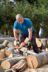 Farmer with chainsaw cutting wood