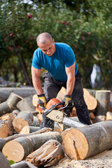 Farmer with chainsaw cutting wood