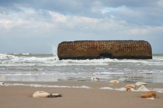 A German bunker from the Second World War, the defensive structure is made of steel and concrete, the building is surrounded by sea water. Denmark, Vigso.