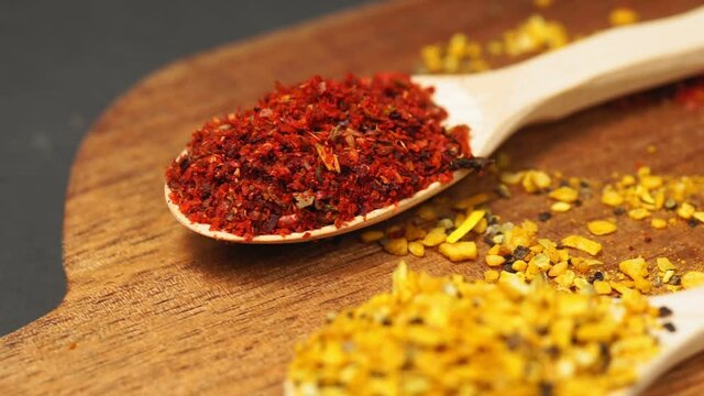 spices and herbs over dark old wood. Cooking ingredients. Food and cuisine concept.