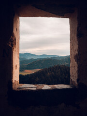 View through a window on the mountains