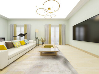 The modern and tidy living room has sofa, living room and other decorations