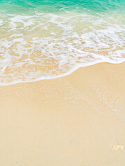 Fototapeta na wymiar Sand beach seaside with white foamy and blue wave from the sea vertical.