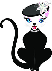 Cat in the hat and pearl necklace.