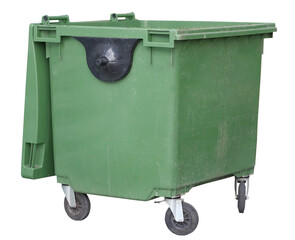 green garbage container on white