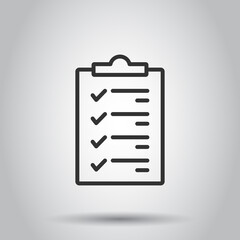 Document checklist icon in flat style. Report vector illustration on white isolated background. Paper sheet business concept.