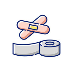 Plasters and medical tape RGB color icon. Sticky wrap for injury treatment. Bandage for trauma. Adhesive strip for damaged patient. Emergency help. First aid kit. Isolated vector illustration