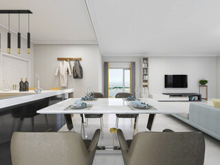 The dining room of modern design has wooden table and so on