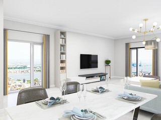 The dining room of modern design has wooden table and so on