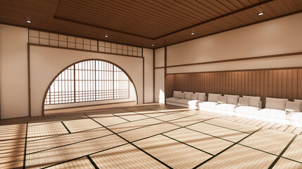 The room is spacious design of the Japanese style  And light in natural tones. 3D rendering
