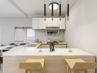 The modern spacious and bright open kitchen has kitchenware,