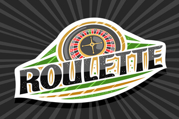 Vector logo for Roulette, white modern badge with illustration of top view roulette wheel, unique lettering for black word roulette, gambling sign board with decorative confetti and trendy line art.