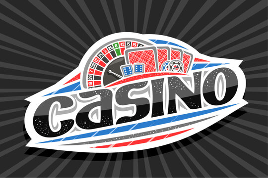 Vector logo for Casino, white modern badge with illustration of roulette and back playing cards, unique lettering for black word casino, gamble sign board with decorative confetti and trendy line art.