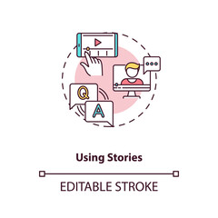 Using stories concept icon. Real-time social storytelling idea thin line illustration. Becoming nanoinfluencer tip. Interactive content. Vector isolated outline RGB color drawing. Editable stroke