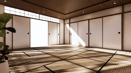 The room is spacious design of the Japanese style  And light in natural tones. 3D rendering