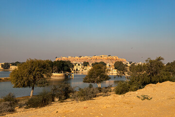 Ancient architecture ruins at Gadi Sagar (Gadisar) lake Jaisalmer, Rajasthan