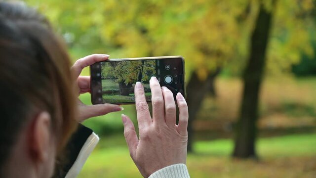 A woman takes a photo of a beautiful autumn landscape using her phone.