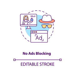 No ads blocking concept icon. Influencer marketing benefit idea thin line illustration. Online advertisements. Target audience. Vector isolated outline RGB color drawing. Editable stroke