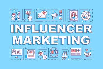 Fototapeta na wymiar Influencer marketing word concepts banner. Online business advertising. Infographics with linear icons on blue background. Isolated typography. Vector outline RGB color illustration