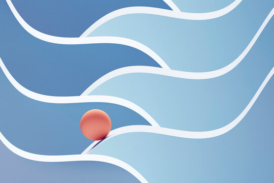 Three dimensional render of orange sphere rolling down wavy pattern