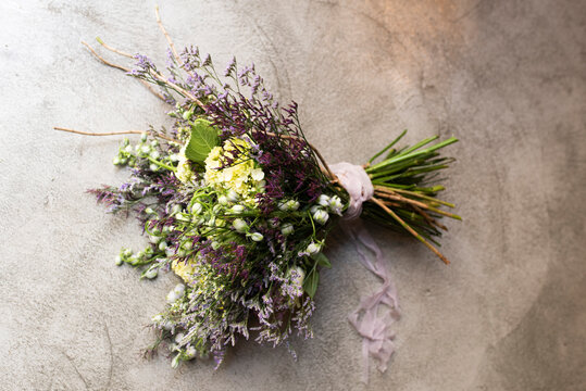 Studio Shot Of Purple Bouquet Of Summer Flowers