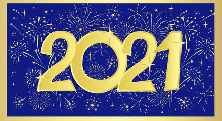 Golden 2021. Vector New Year banner on a blue background with festive fireworks.