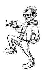 Hand-drawn picture of an artist with paintbrush, stepping while at work.