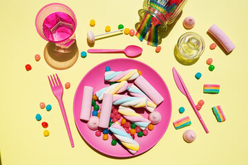 Studio shot of glass of water and plastic plate filled with various sweets