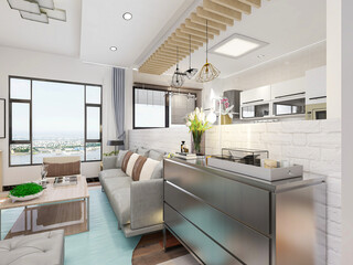 Nordic style fresh living room, there are sofa, TV, table and so on