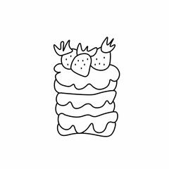 Vector dessert with cream and hand drawn strawberries.Romantic food illustration with cake.Baking in doodle style with black line.Design for menus,recipes,social networks,articles, packaging,card.