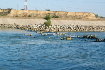 Rocks in the riverbed blue background summer