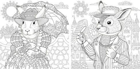 Coloring page. Rabbit girl and boy. Line art drawing for adult or kids coloring book in zentangle style. Vector illustration.
