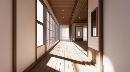 The room is spacious design of the Japanese style  And light in natural tones. 3D rendering